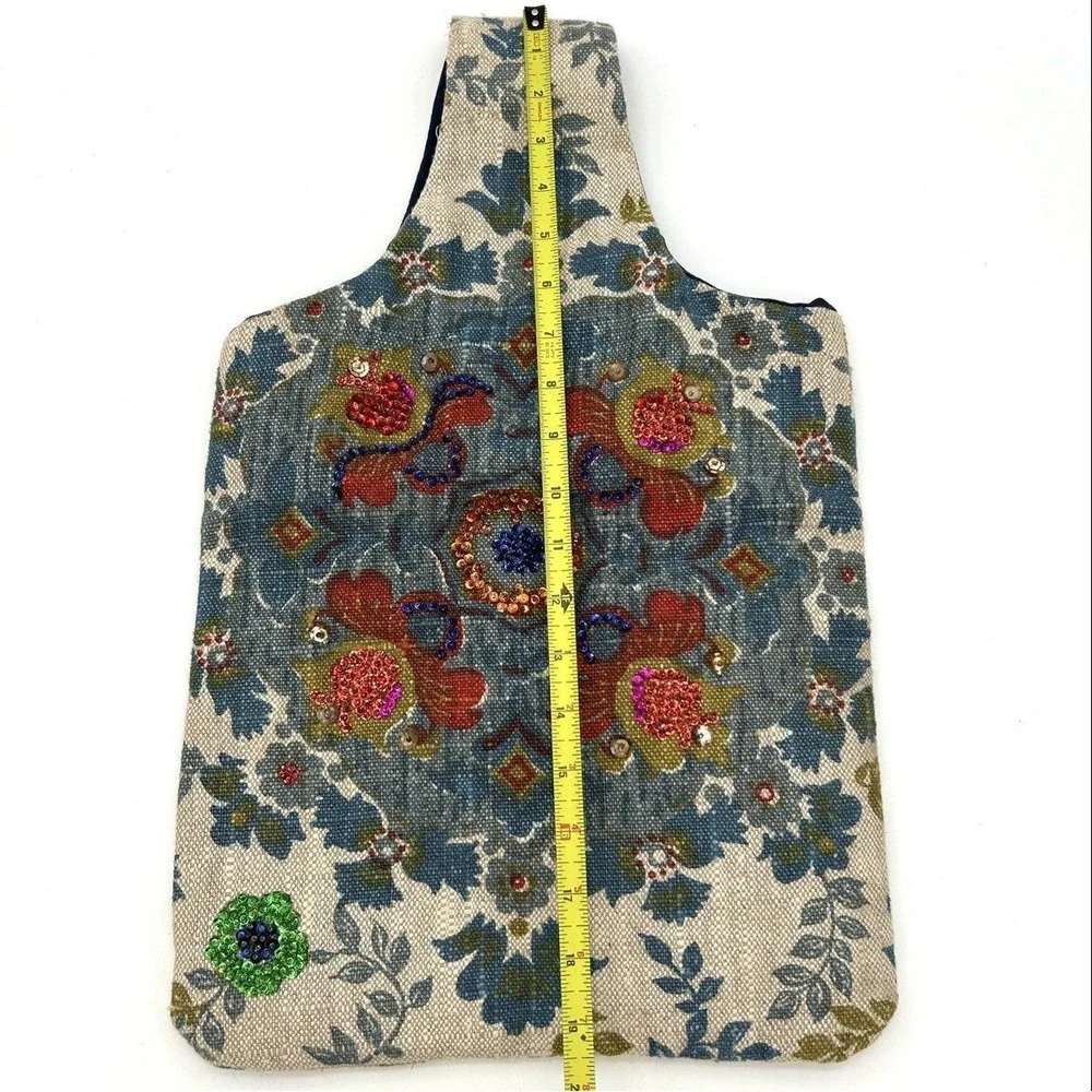 Bohemian Blue Beige Floral Beaded Sequin Embellished Canvas Knot Handbag